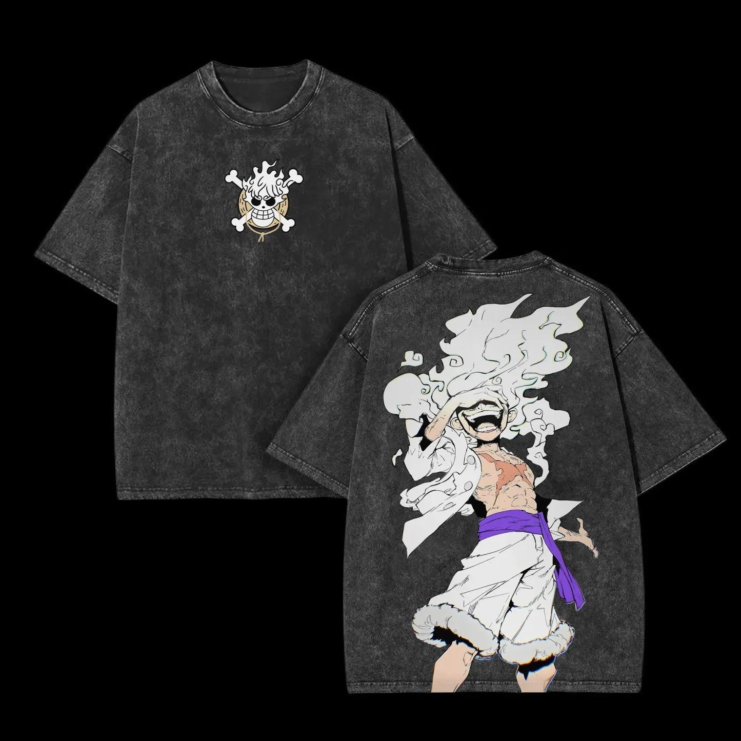 

ONE PIECE Anime Nika Luffy Gear5 Harajuku Retro Cotton Washed T-shirt Men Streetwear Oversized Women Short Sleeves Unisex Top XXXL чорний