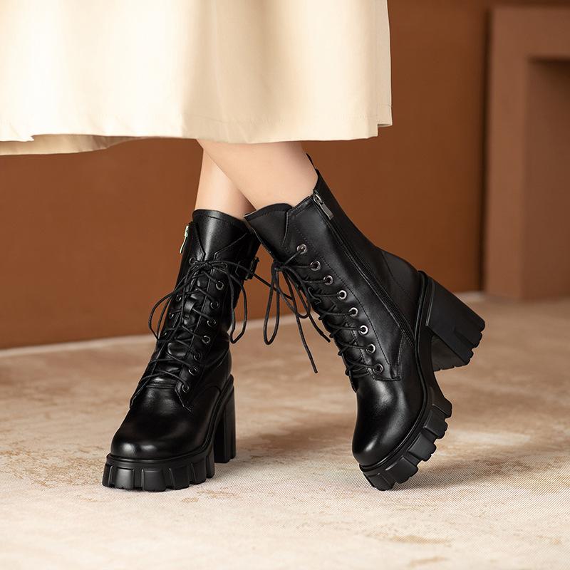 College style fashionable simple side zipper Martin boots 2025 autumn and winter new round head thick sole thick heel lace-up small short boots