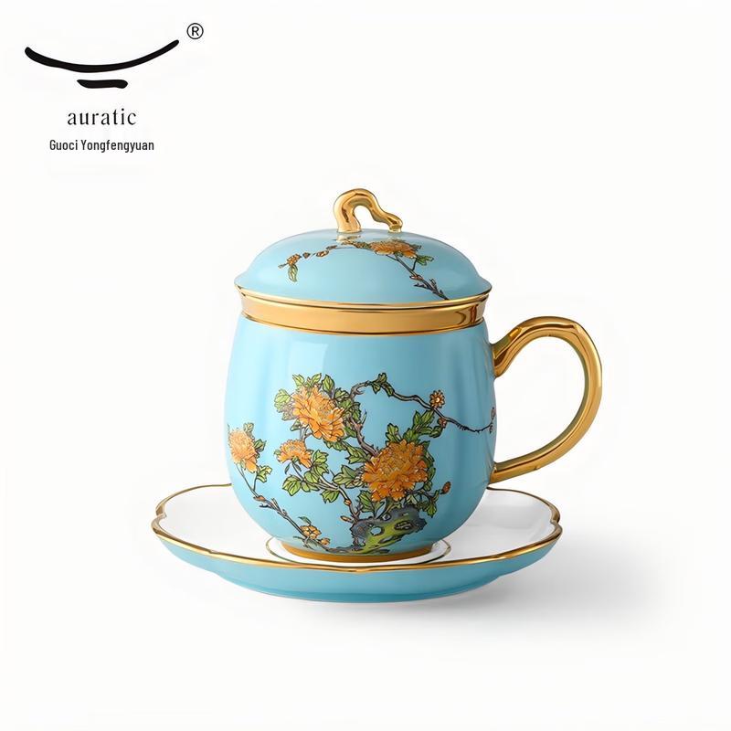 Yongfengyuan Madam Porcelain West Lake Blue 4-Piece Covered Mug, 280ml