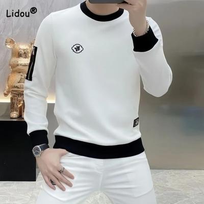 Primavera Otoño Alta Calidad Lujo Camiseta de Cuello Redondo para Hombre Ropa Masculina Tendencia Slim Manga Larga Jacquard Jerséis Tops para Hombre
