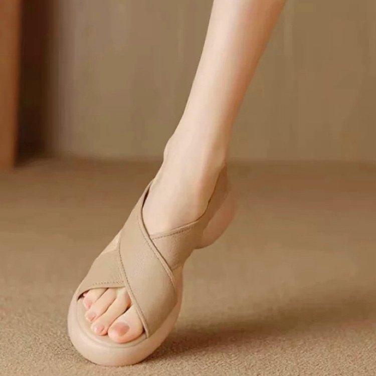 French Soft Leather Cross with Open-toed Sandals Women's 2025 Summer New Casual Comfortable Versatile Platform Roman Shoes Women