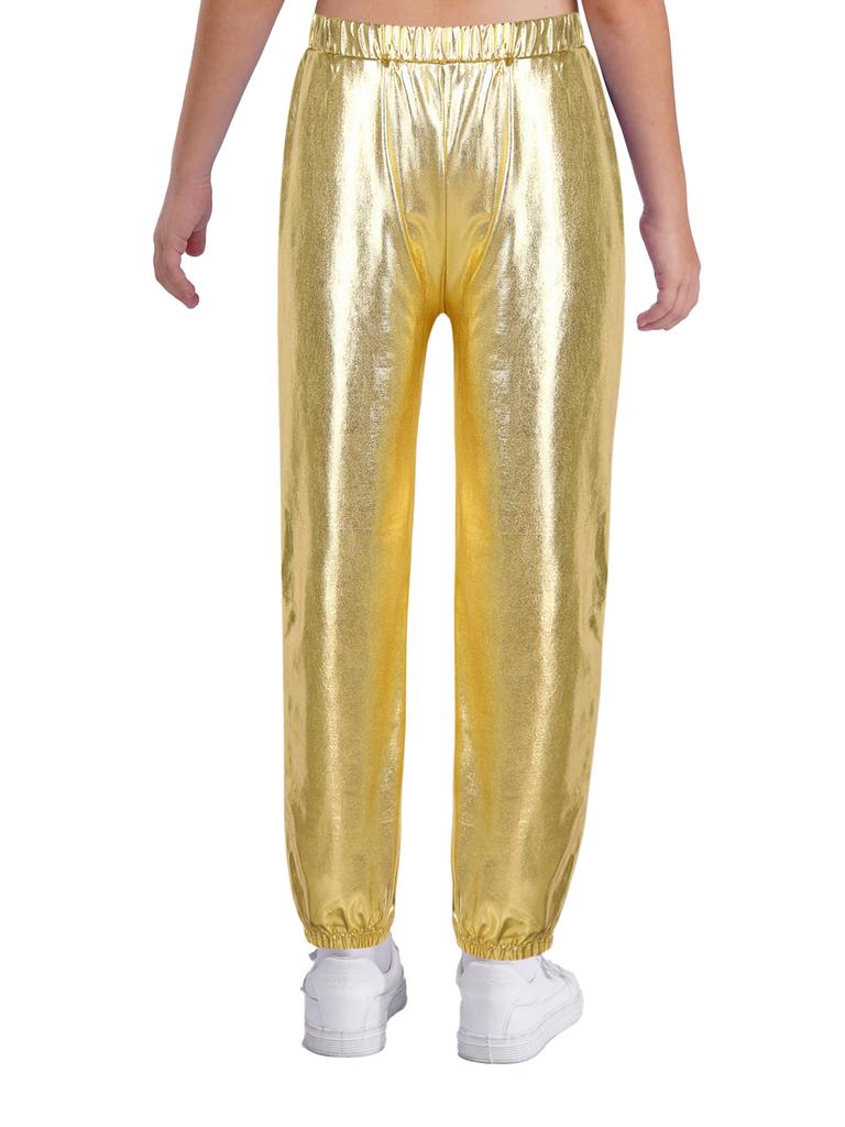 Pantaloni da Ragazza Metallizzati Lucidi Elastici a Vita Alta Tasche Pantaloni da Danza Hip Hop Streetwear Pantaloni della Tuta