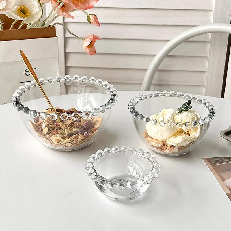 Advanced Pearl Rimmed Glass Bowl Creative Oatmeal Yogurt Bowl Breakfast Ice Cream Salad Bowl Glass Cutlery Kitchen Supplies Gift