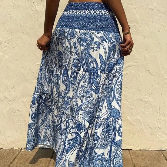 Maxi Skirt Pleated High Waist Printing A-Line Long Skirt Ruffle Splicing Design Leisure Vacation Women Skirt Daily Wear