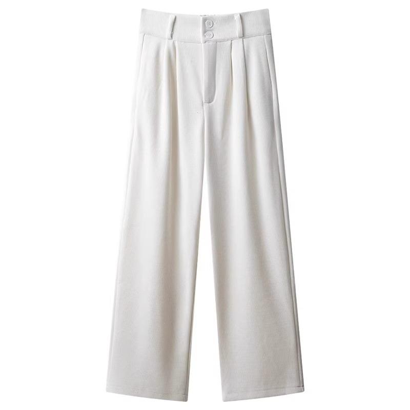 Women's White Corduroy Wide-Leg Pants with Velvet Lining, Petite Fit, Straight Leg - Autumn/Winter.