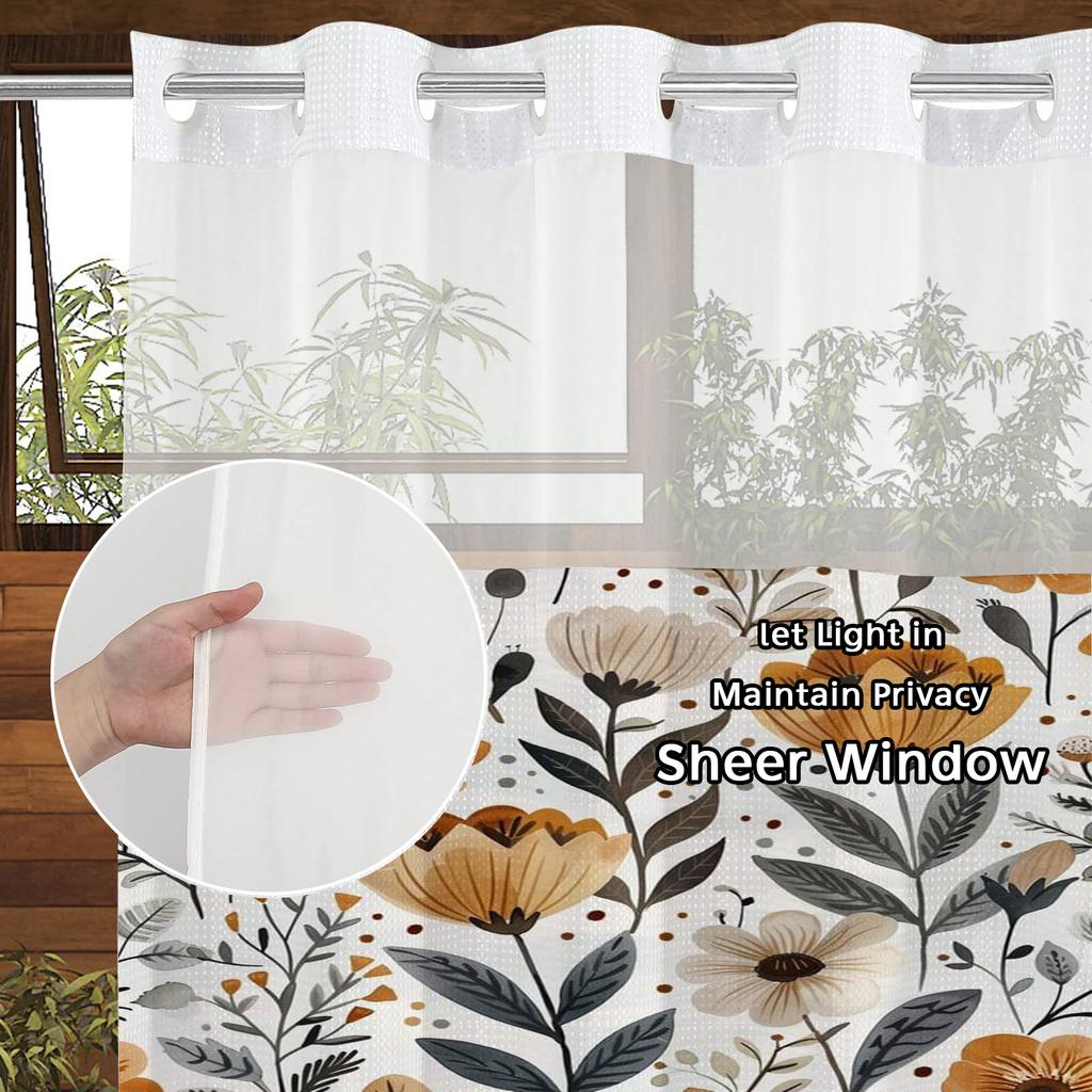 No Hook  Floral Pattern Shower Curtain With Snap-in Fabric Liner, Sheer Top Window, Waterproof Double Layer Bathtub Curtain