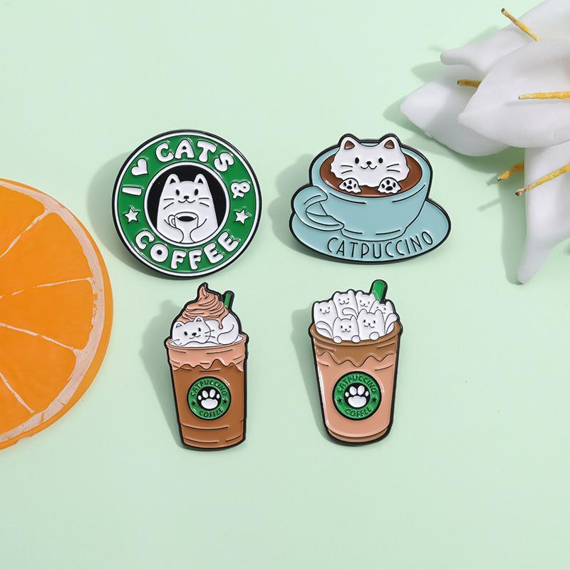Cat On Coffee Cup Ice Cream Enamel Pin Funny Brooch Cartoons Badge For Bags Jeans Hoodies Denim Lapel Pin Jewelry Kids Best Gift