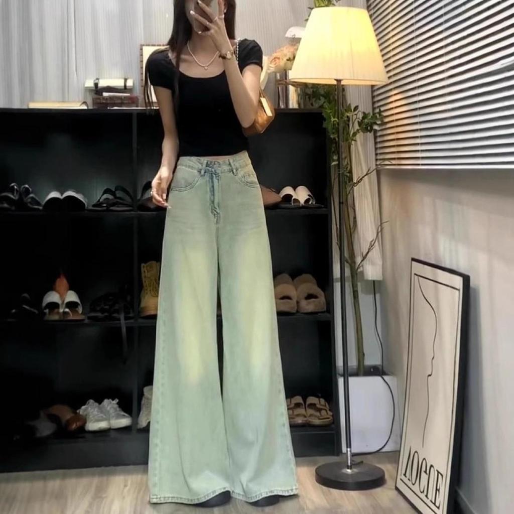 Hong Kong Retro Flare High-Waist Wide-Leg Jeans for Women - Slimming Straight-Leg, Floor-Length Casual Pants