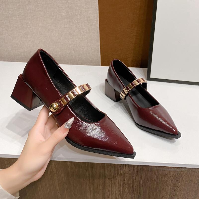 2025 Spring Style Pointed Toe Square Heel Versatile Style Single Shoes Women's Shoes Professional Buckle Dress High Heels
