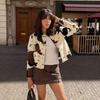 Womens Vintage Cow Print Faux Suede PU Leather Biker Jacket Short Cropped Collar Metal Button Outerwear Fall Winter