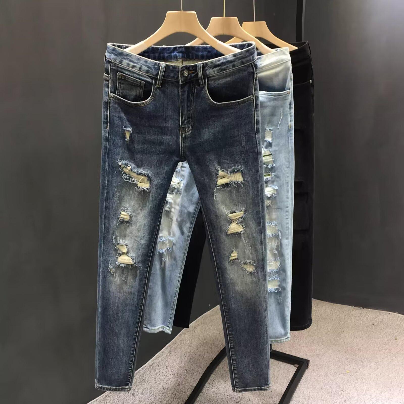 

Men s Retro Ripped Minimalist Jeans - High-End Elastic Casual Spring Fashion 29 синий