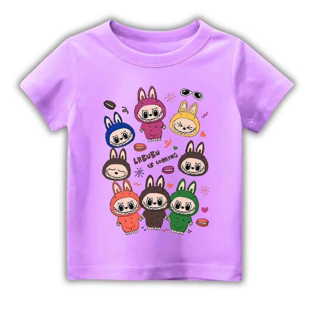 2025 New Children's T-shirt Cartoon Style Multiple LABUBU Printed Round Neck Short Sleeve Casual Girls' Top
