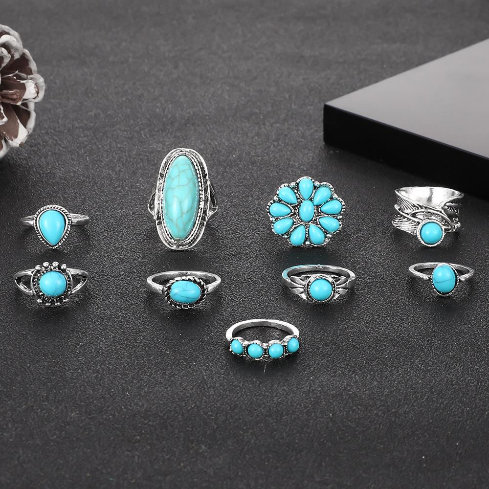 Vintage Bohemian Feather Turquoise Hollow 9 Piece Set Ring