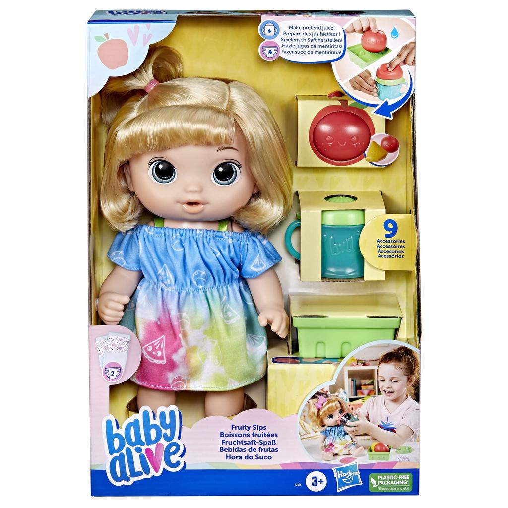 Hasbro Baby Alive Ages Doll Blonde Authentic Juice-Loving Baby, 3+, 12-inch (30 Cm) Set, Bottle, Diaper, Juicer, Hair, F7356,
