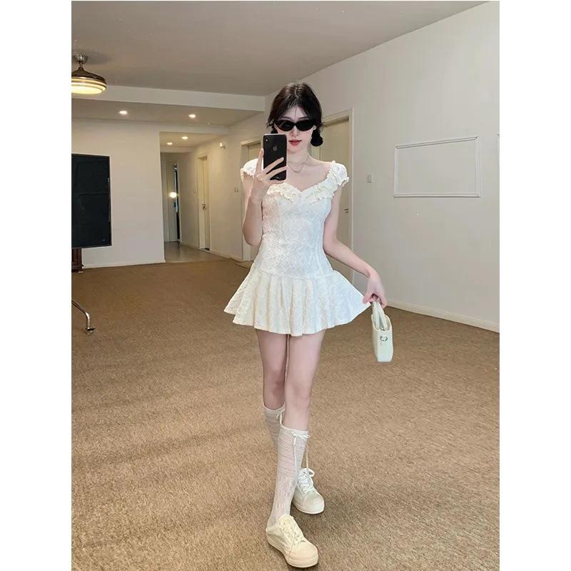 French One-word Shoulder Heavy Industry Composite Jacquard Short Dress Lace Fungus Edge Design Sense Spice Girl Retro Suspender Dress