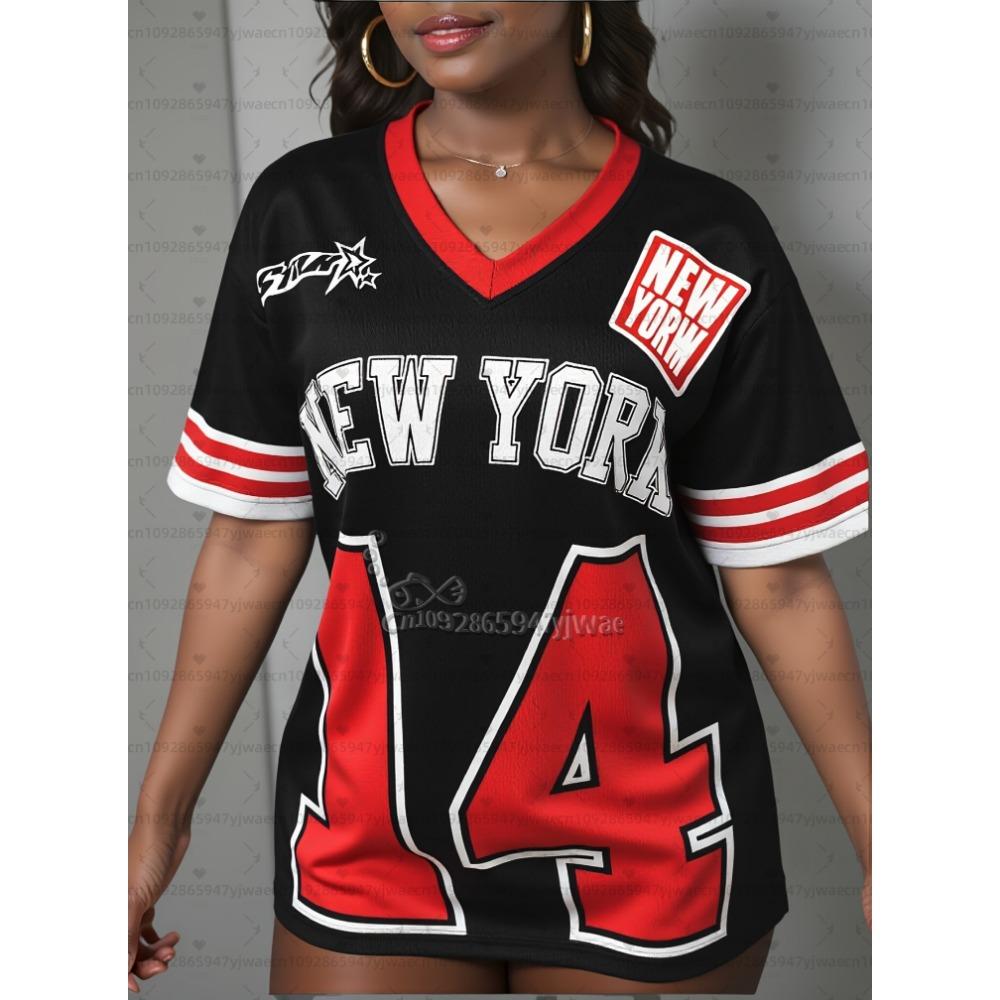 2026 Damen Amerikanischer Stil NEW YORK 13 Aufdruck V-Ausschnitt Kurzarm T-Shirt Sommer T-Shirt Baseball Trikots Gestreift täglich Sport T-Shirt