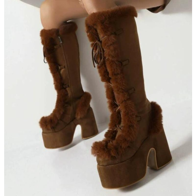 Fashion New Winter Women Snow Boots Platform Wedge High Heel Faux Fur Lady Shoes Female Plush Warm Non-slip Mid Calf Boots Goth Shoes
