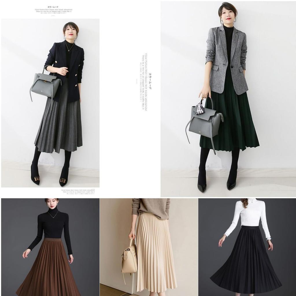 Tuten Pleated Knit and Warm for and Winter Women's Skirt, Long, Solid, High-Waisted, Slimming, Flattering, Soft, Spring, Autumn, (Gray-L)