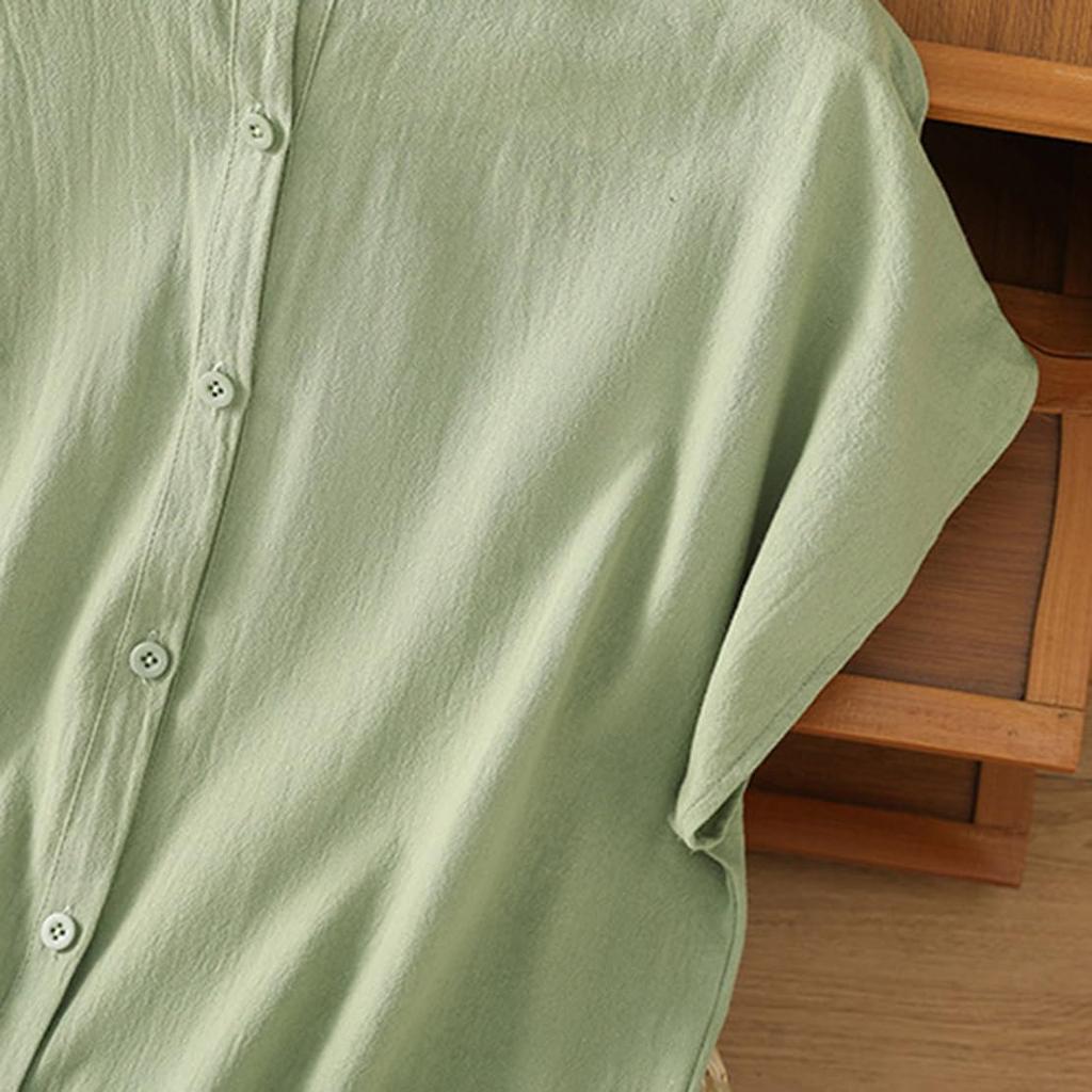 Short Loose Cotton Large Size [ODFMCE] Women's Shirt, Sleeve, Summer, Fit, Linen, Plain, Slimming, Thin, Stylish, Office, (JP, Alphabet, 2XL, Green)