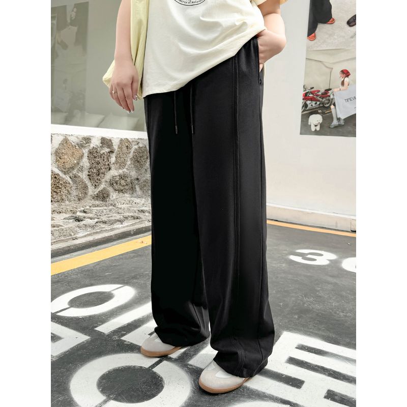Plus size women clothing [Fashionable Walking Sweatpants] Three Pants Length Chubby Girl High Waist Straight Loose Wide Leg Casual Pants
