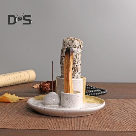Palo Santo Holder 4-in-1 Ceramic Incense Holder Candle Holder with Ash Catcher Lotus Tray Incense Burner for Sticks Salvia Burning Meditation Yoga
