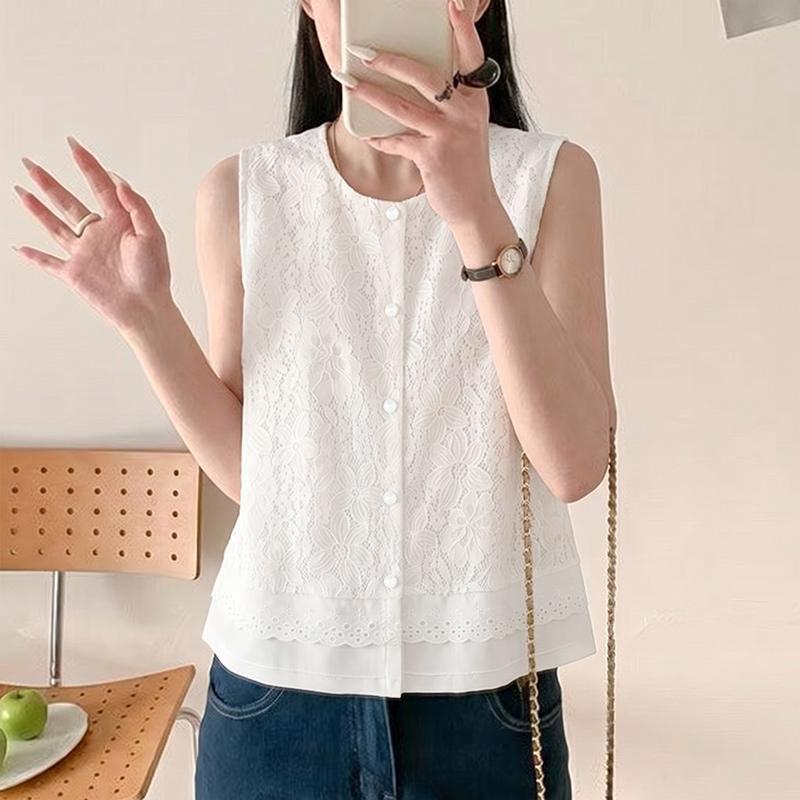 ZANZEA Women Casual Round Neck Sleeveless Lace Tank Tops S