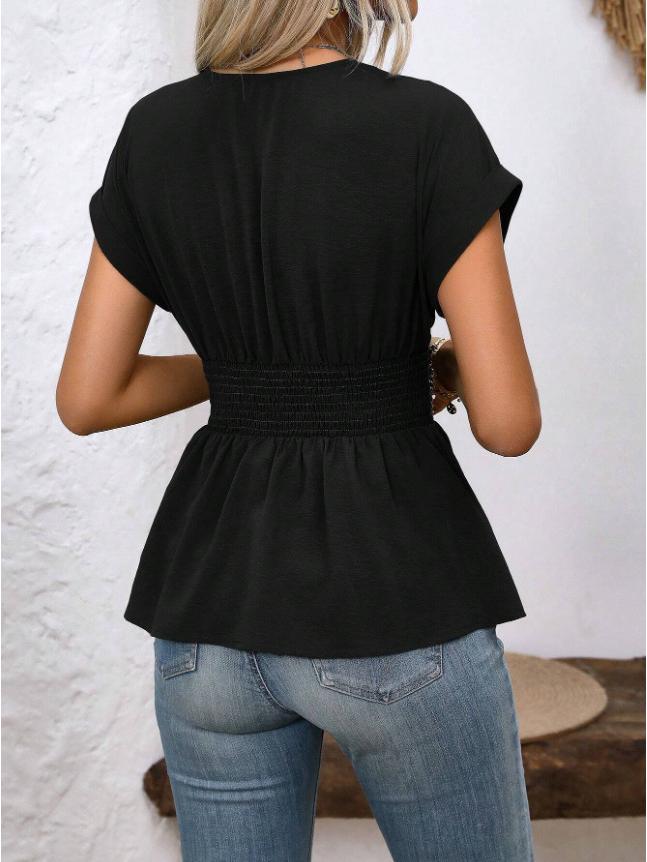 Spring/Summer Women's V-Neck Waist-Cinching Raglan Sleeve Pleated Hem Top