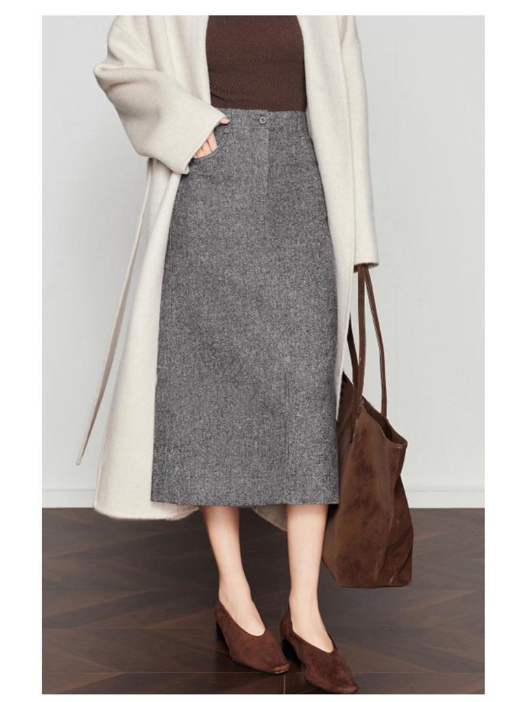 Woolen Half-Skirt: Women's 2025 Winter Brown-Gray Casual Slit Midi Skirt
