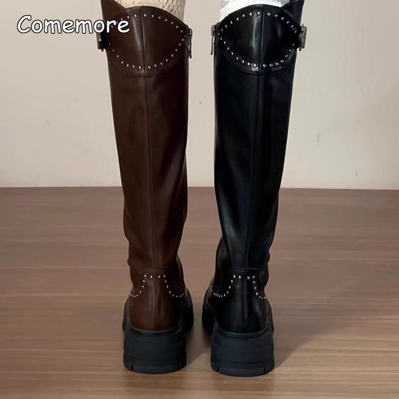 Fashion Women Knee-High Boots Fashion Knight Thin Long Booties PU Leather Rivet Autumn Winter Western Botas Mujer Platform Mid Heeled