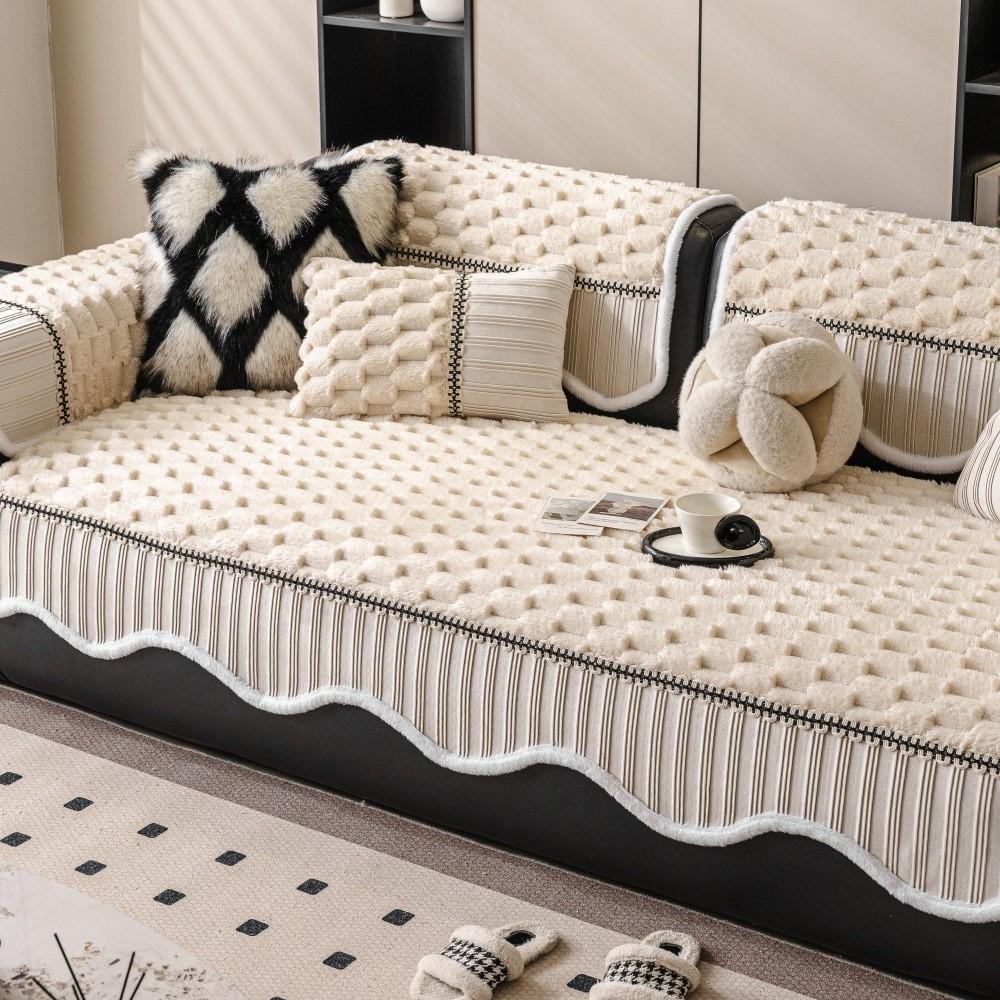 Sofa Cover Sofa Arc Edge Sofa Luxury Non-Slip Seat Soft Thicken Couch Protector Winter Patchwork Fleece Plush Sofa Cushion