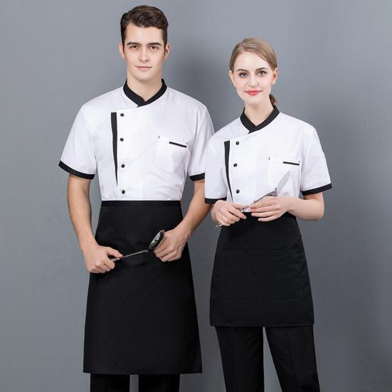 Chef Uniform Unisex Short Sleeves Breathable Comfortable Stand Collar Patch Pocket Jacket Restaurant Kitchen Baker Cook Uniform Shirt Culinary Work