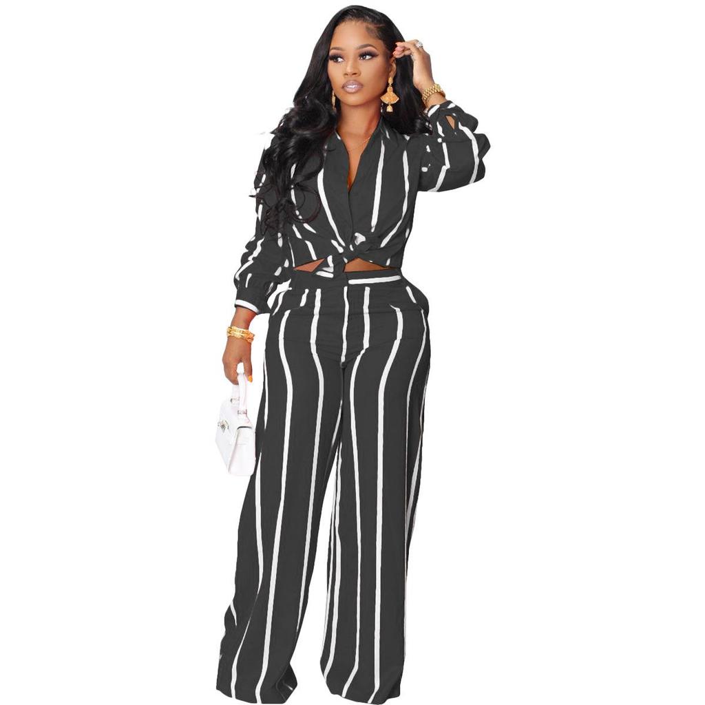 European & American Women's Striped Two-Piece Set: Long Sleeve Shirt & Pants