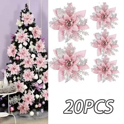 5pcs 14.5cm Glitter Artifical Christmas Flowers Mreey Christmas Tree Decoration Happy New Year Ornaments Xmas Fake Flowers Natal