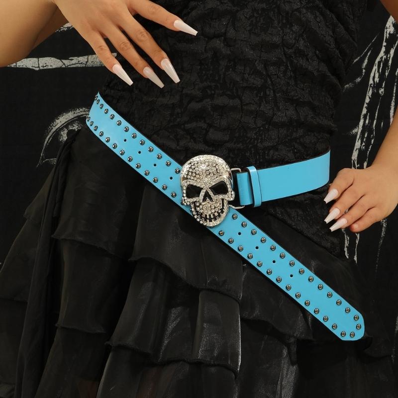 Rhinestones Skull Buckle Belt for Women Men with Rivet Studded Hiphop Belt for Jeans Popular Rockers Waist Accessories