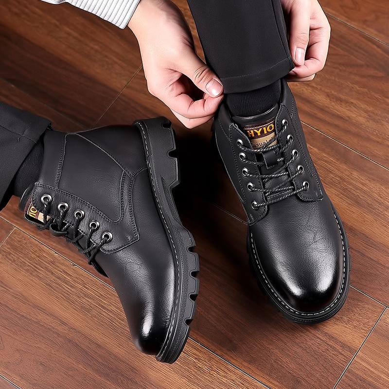 Fashion Genuine Leather Mens Tooling Boots Winter Outdoor Non-Slip Snow Boot Wool Fur Casual Shoes Man Ankle Boots Waterproof Snow Boots