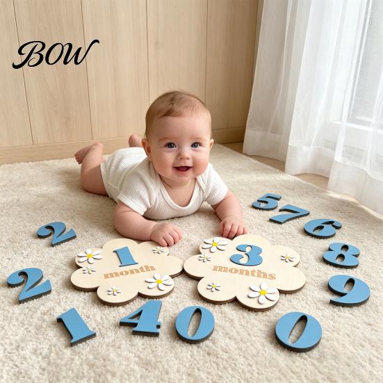 Eco-friendly Baby Photo Props Monthly Milestone Card Sign Wooden Flower Board with 10 Interchangeable Blocks Numbers for Newborn Growth Tracker