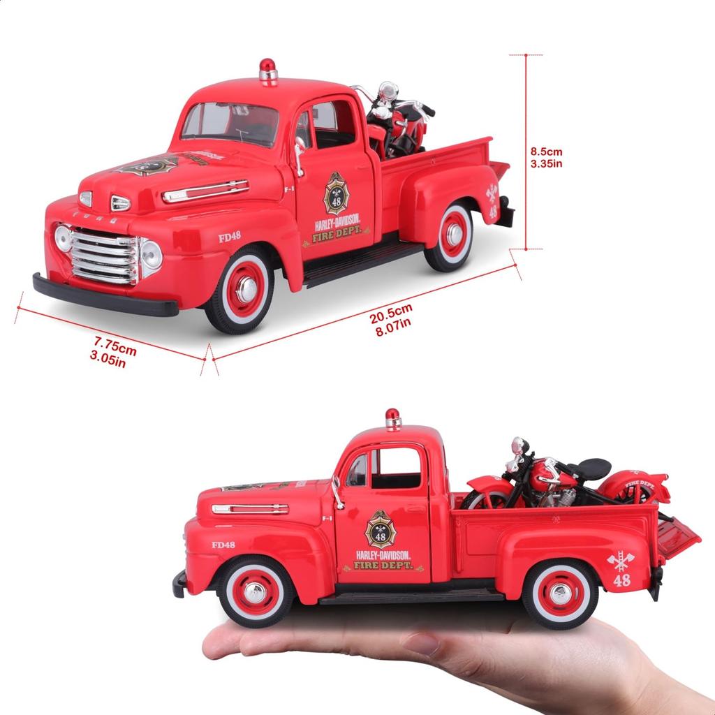Maisto 1/24 scale diecast model of a Harley-Davidson and Ford 1948 F-1 Pickup, and a 1936 EL Knucklehead motorcycle.