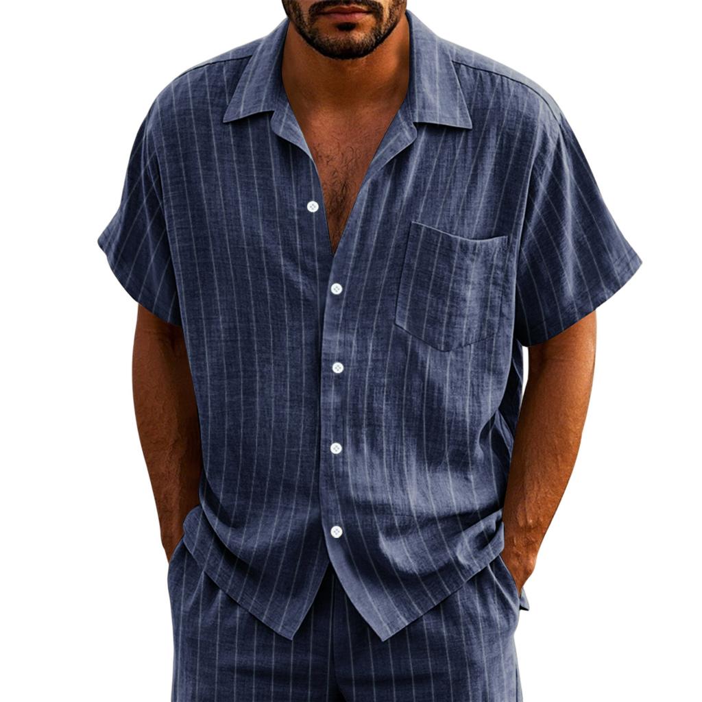 Men's Linen Button Down Shirt Vertical Stripe Pattern Short Sleeve Casual Loose Fit Breathable Summer Shirt with Turn Down Collar