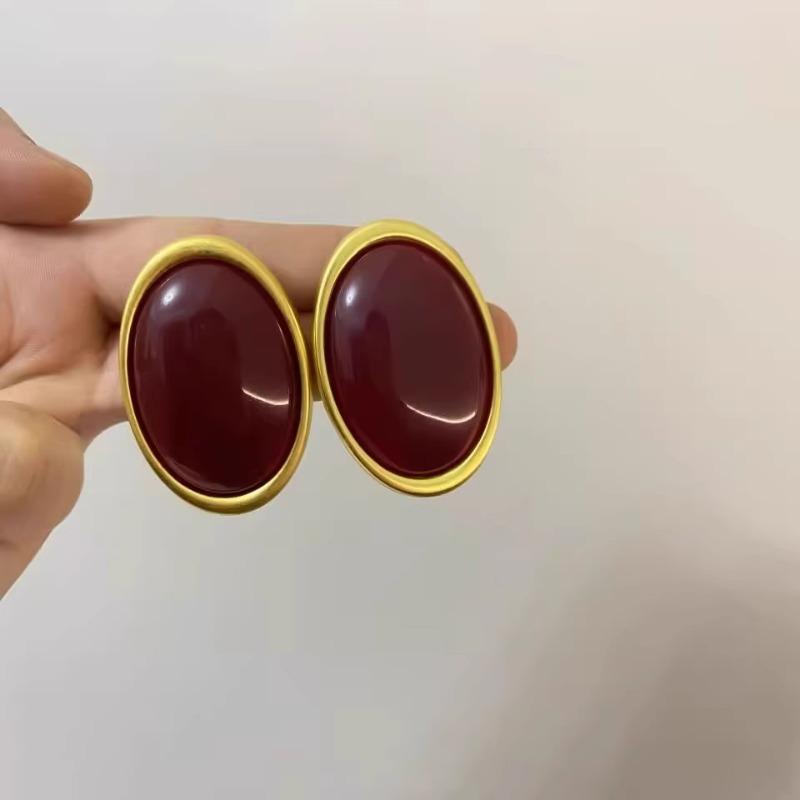 Vintage Red Resin Earrings for Women Retro Stud Earrings Luxury Large Geometric Oval Earrings Party Wedding Ear Jewelry Gifts