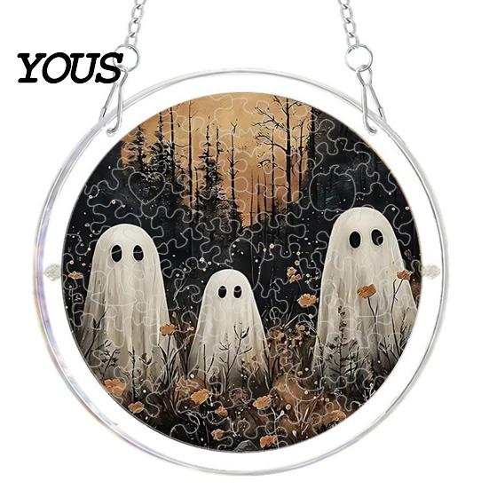 Acrylic Halloween Decoration Suncatcher Jigsaw Puzzle Set, Spooky Ghost Floral Meadow Window Hanging Ornament with Metal Lightweight Frame