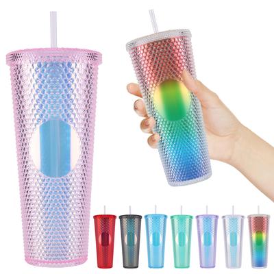 710 ml Plastikbecher mit Strohhalm, Strass-Nieten-Becher, doppelwandiger Wasserbecher, Reisebecher mit großer Kapazität für zu Hause und draußen