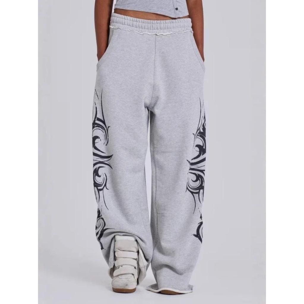 Gray Vintage Graphic Print Pants Wide Leg American Style Jogging Loose Sweatpants Harajuku Hip Hop Streetwear New