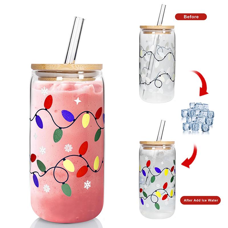 Color Changing Christmas Cup,Cute Color Changing Glass,Reusable Ice Coffee Travel Mug,18Oz Capacity With Lid And Straw