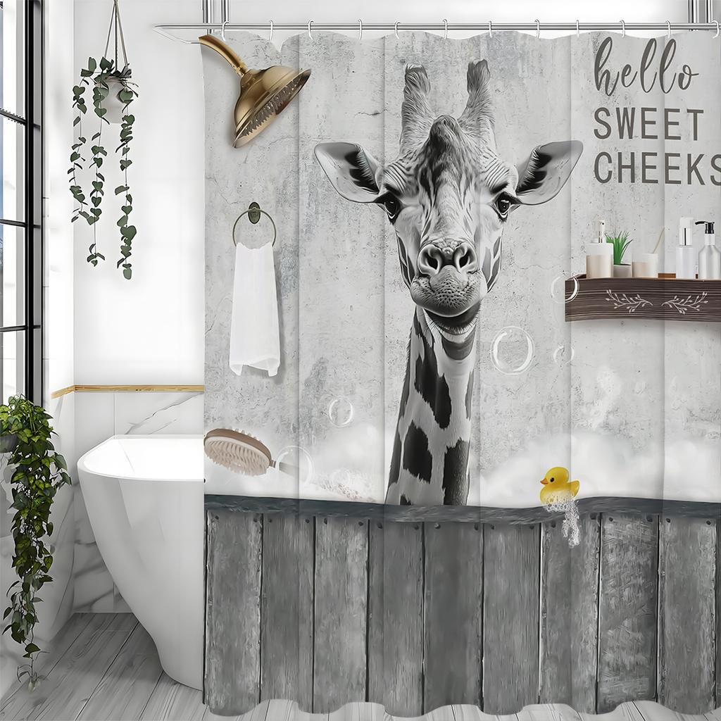 Black and White Giraffe Yellow Duck Shower Curtain, Bathroom Decorative Shower Curtain, Waterproof Shower Curtain with Hooks