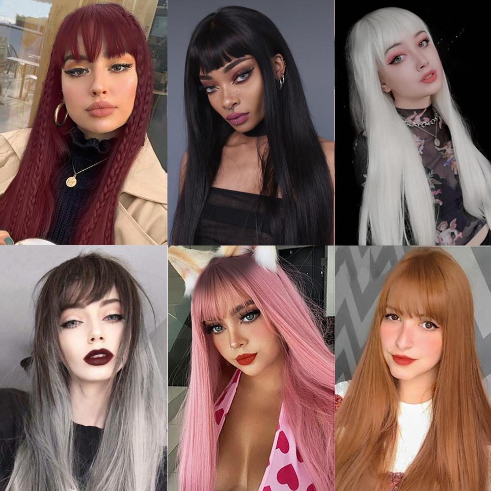 MERISIHAIR Brown Long Straight Wig with Blunt Bangs Synthetic Heat Resistant Fiber Wig for Women Daily Wear