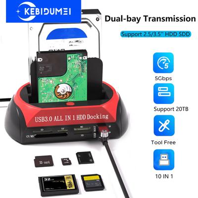 Stazione di Docking per Hard Disk a Doppia Baia 10 in 1 per HDD SSD SATA da 2,5/3,5 Pollici a Custodia USB 3.0 per HDD SSD con Alimentatore da 12V3A