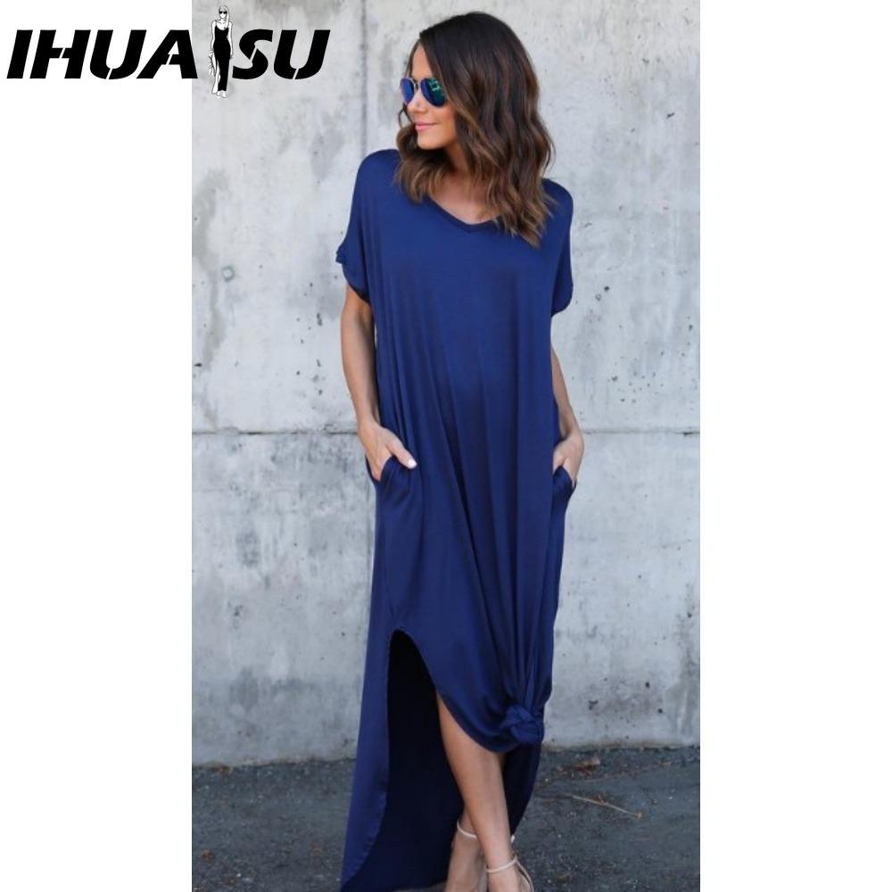

IHUASU Сексуальное женское платье больших размеров 5XL Летнее однотонное повседневное платье макси с коротким рукавом для женщин Длинное платье Женские платья L синий