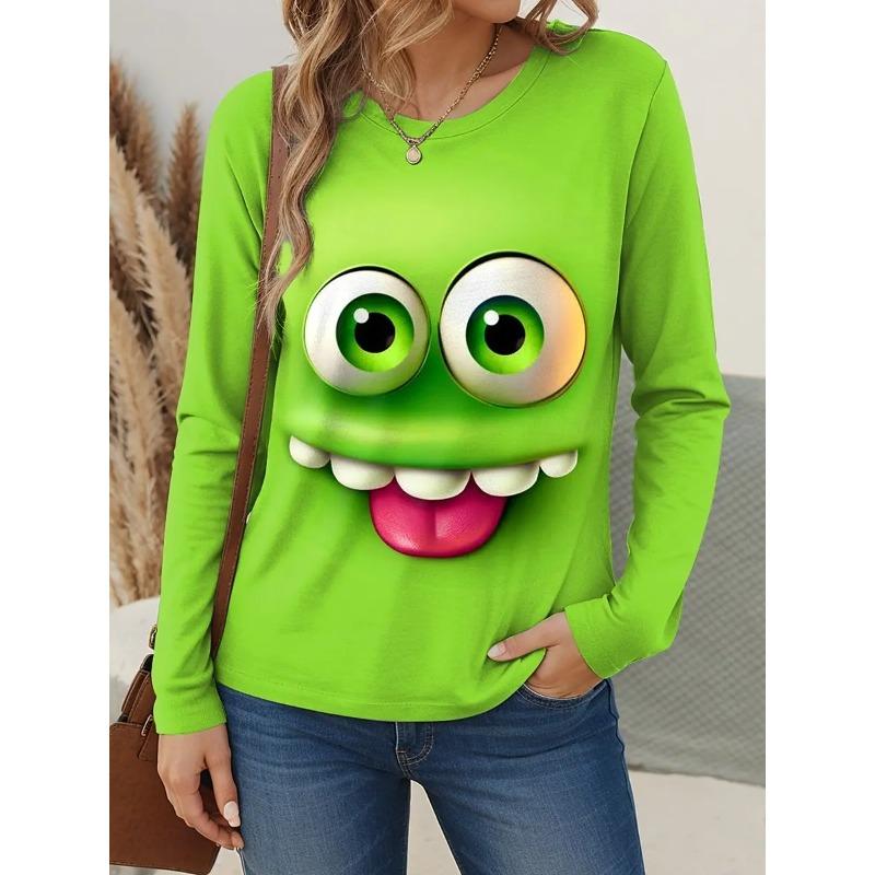 

3D Топ с принтом забавного лица, повседневные женские футболки с длинным рукавом - Мягкая полиэстеровая ткань средней эластичности, одежда свободного кроя для весны и осени XXXL