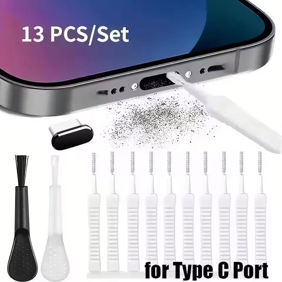 10/1Pcs Cell Phone Charging Port Dust Plug with Cleaning Brush for iPhone 17 Pro Max Plus Samsung Xiaomi iOS Type C Cleaner Set