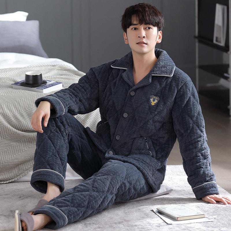 Pajamas Men'S Winter Three-Layer Thickened Fleece Thermal Jacket Autumn And Winter Coral Fleece Winter Loungewear Set